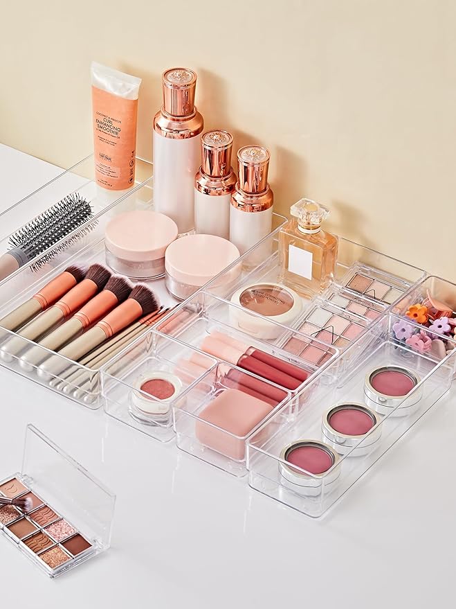 SMARTAKE 30-Piece Drawer Organizer with Non-Slip Silicone Pads, 7-Size Desk Drawer Organizer Trays Storage Tray for Makeup, Jewelries, Utensils in Bedroom Dresser, Office and Kitchen (Clear)