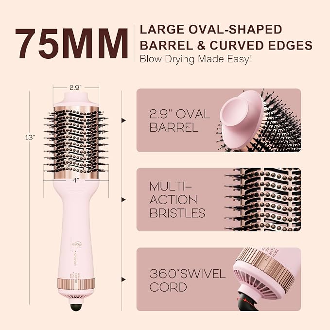 Big Size 1200W Dual Voltage Hot Air Brush Dryer, 120-240V 4 in 1 Ionic Blowout Hair Dryer Brush & Styler Volumizer with 75MM Oval Titanium Barrel for Long & Thick Hair