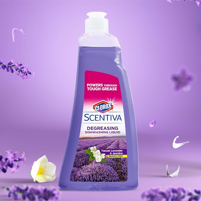 Clorox Scentiva Liquid Dish Soap, Tuscan Lavender and Jasmine Scent - Ultra-Concentrated Dishwashing Liquid That Cuts Through Grease and Food Residue, Bleach-Free, 26 Fl Oz