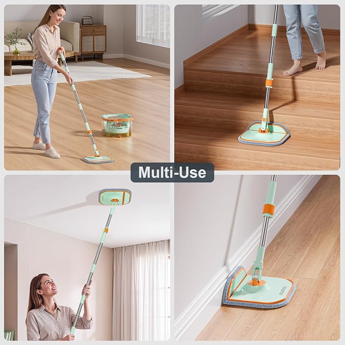 HoMettler Transparent Mop and Bucket Set | Spin Mop with Dual-Tank Clean/Dirty Water Separation | 4 Microfiber Pads for Deep-Cleaning Floors | Versatile Mops Triangular Head for Walls