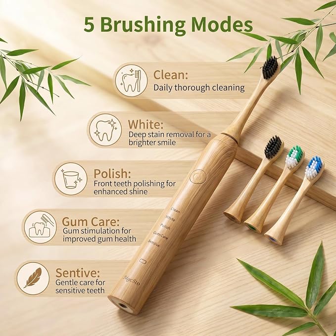 Natural Bamboo Electric Toothbrush for Adults | 4 Pack Bamboo Replacement Brush Heads, 5 Cleaning Modes, Long-Lasting Battery, PX7 Waterproof, Rechargeable