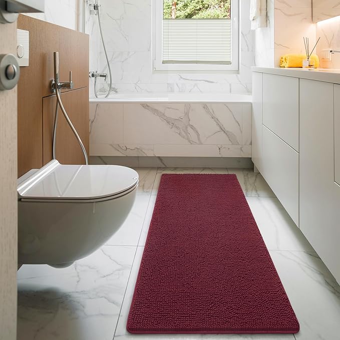 LOCHAS Luxury Bathroom Rug Shaggy Bath Mat 24 x 60 Inch, Burgundy | Washable Non Slip Bath Rugs for Bathroom Shower, Soft Plush Chenille Absorbent Carpets