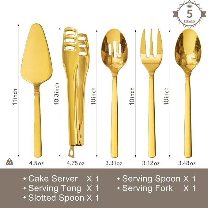 18/10 Large Hostess Gold Serving Utensils,Stainless Steel Serving | Heavy Duty 10-inch Serving Spoons, Slotted Spoons, Serving Fork, Serving Tongs, Cake Pie Server for Buffet, Wedding, Parties