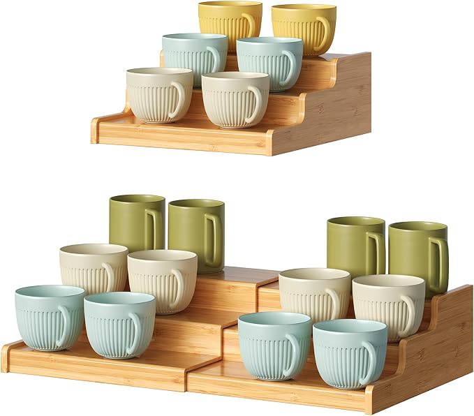 Hongtamoya 3-Tier Expandable Bamboo Mug Holder For Countertop Coffee Cup Holder Display Mug Organizer Mug Rack for Coffee Bar Organizer Mug Shelf for Cabinet for Kitchen, Home