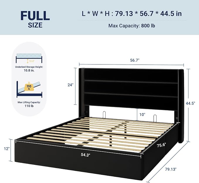 Allewie Full Size Lift Up Hydraulic Storage Bed Frame Black | Modern Wingback Headboard, Hydraulic Support Storage, No Box Spring Needed
