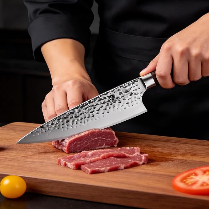 imarku 8 Inch Hammered Japanese Chef Knife,Powder Steel Edge Kitchen Knife | Forged from Japanese HC Stainless Steel,Anti-Stick Blade,Exceptional Hardness of 62±1 HRC,Ideal for Professional Knife Gift