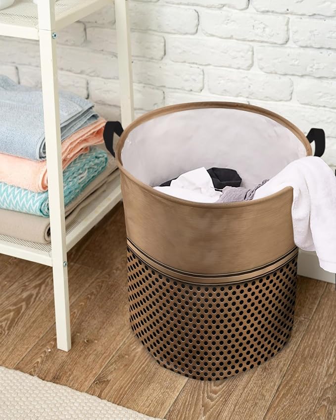 Collapsible Laundry Basket 42L, Brown Metal Hole Storage Bin Laundry Hamper with Handles, Modern Copper Net Eye Hole Pattern Waterproof Clothes Baskets for Bathroom/Bedroom 13.8 x 17 In