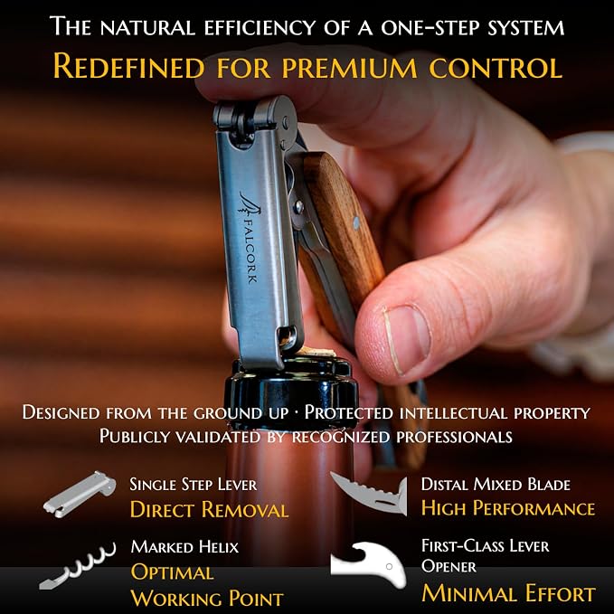 Corkscrew for Professionals FALCORK® 144 Efficiency – Exclusive One-Step Wine Key & Bottle Opener for Intensive Use in Hospitality with an Optimally Marked Helix & Smooth Natural Olive Wood Handle