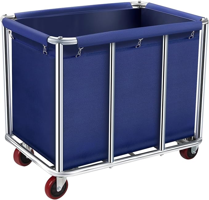 Commercial Laundry Cart with Wheels, 400L Large Rolling Laundry Cart with Steel Frame and Oxford Cloth, Heavy Duty Industrial Laundry Cart for Home,Hotel,Laundry Room, 441 lbs Load (Blue-8)