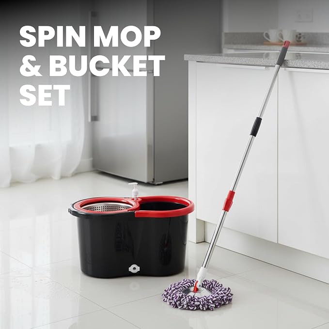 Spin Mop & Bucket Set with 2 Microfiber Mop Heads – Durable Stainless Steel & ABS Build – Black Red, Blue, Purple Colors – Bucket with 90–120cm Telescopic Handle