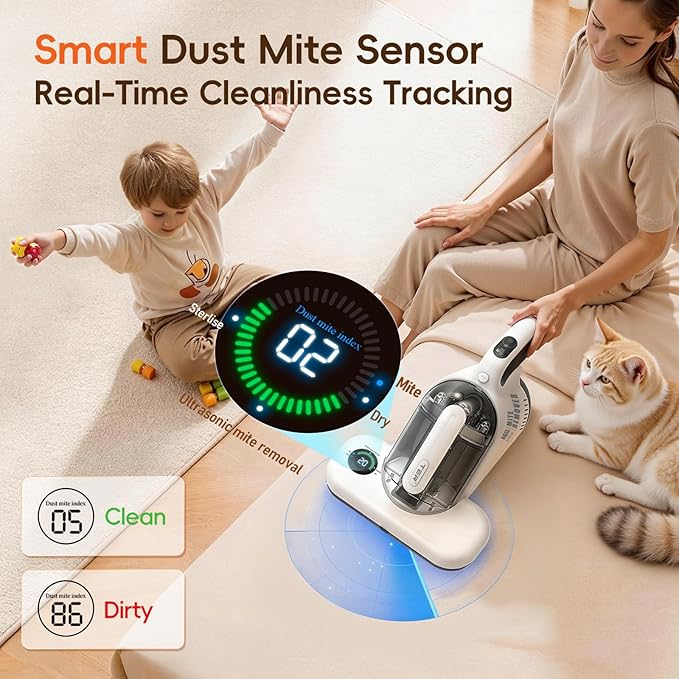 TER Bed Vacuum Cleaner, Smart Dust Sensor, HEPA Filter, 16Kpa Strong Suction & 35000 RPM Tapping, 131°F Heat, 5-in-1 Deep Cleaning Mattress Vacuum Cleaner UV for Bed/Couch/Pet Hair (Corded)
