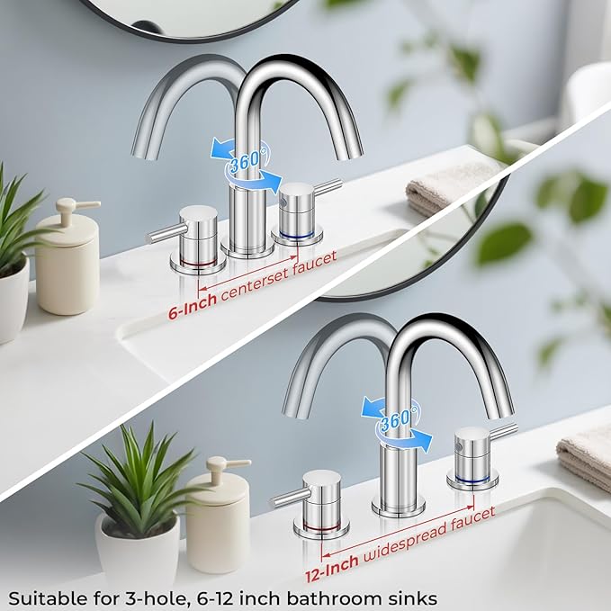 Bathroom Faucet 3 Hole, Chrome Bathroom Sink Faucet with Pop Up Drain, 8 inch Widespread Bathroom Faucet with 360° Swivel Spout, 2 Handle Vanity Faucet with Water Supply Hoses