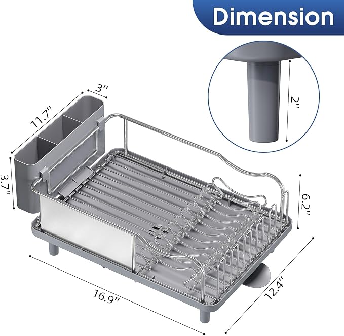 Urackify Stainless Steel Dish Drying Rack - Large Capacity Kitchen Counter Organizer with Drain Board, Utensil Holder & Detachable Cup Shelf, 304 Surgical-Grade Rust-Proof Dish Drainer, Easy Assembly