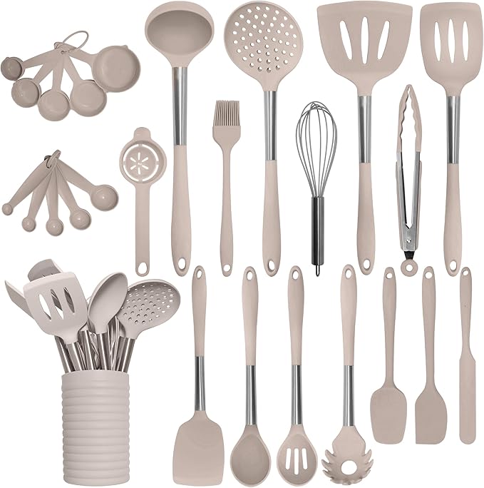 Home Hero Silicone Kitchen Utensils Set - Heat Resistant Non-Scratch Cooking Utensils - Ergonomic Silicone Spatula Set - Dishwasher Safe Kitchen Tools - 26 Piece, Stone