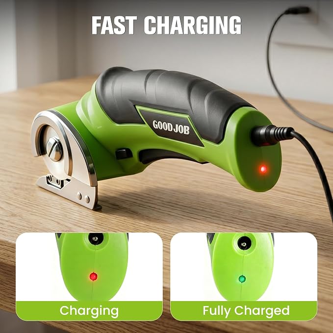 Goodjob 4V Cordless Electric Scissors Box Cutter | Rechargeable Cutting Tool with 4 SK5 Blades for Cardboard Fabric Leather Carpet Upholstery 2000mAh Battery Safety Lock