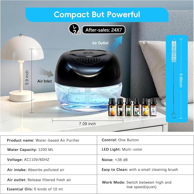 Water Based Air Purifier with Essential Oil Diffuser Pack, Air Washer with 7 Color LED Night Light, Air Revitalizer Includes 6x10ml Essential Oil Aroma Diffuser for Home, Office, Pet