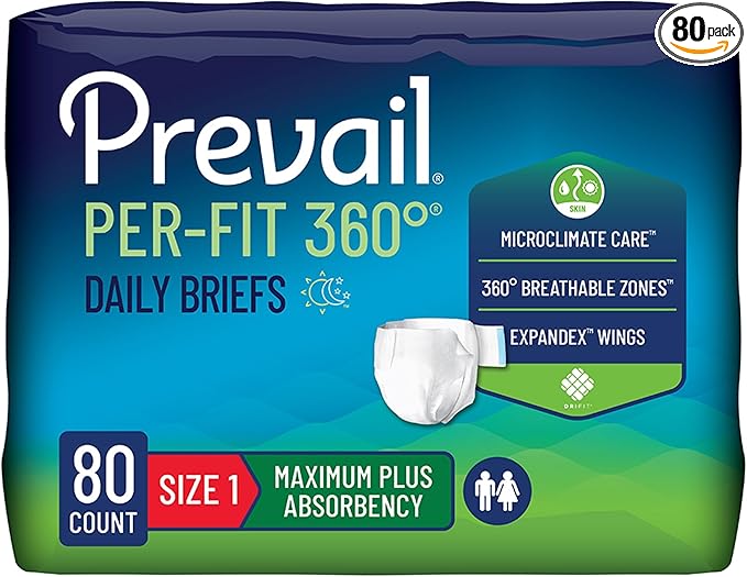 Prevail Per-Fit 360 Daily Incontinence Briefs, Unisex Adult Incontinence Briefs with Tabs, Maximum Plus Absorbency, Size 1, 80 Count (4 Packs of 20)