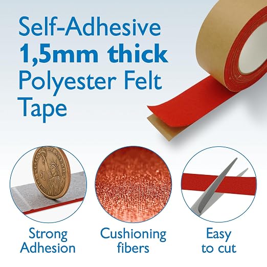 FindTape Polyester 1.5mm Felt Tape – 2 in. x 50 ft. Felt Strips with Adhesive Backing and Furniture Strips, Great for Arts and Crafts, Classrooms, and Protecting Furniture (Red)