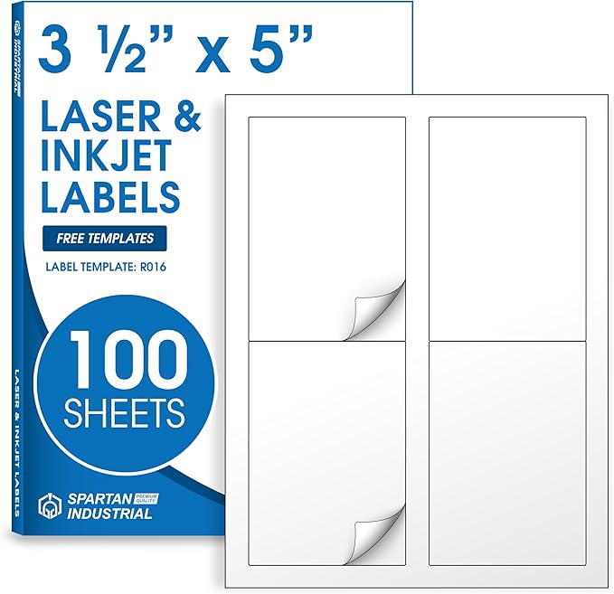 3.5" X 5" Matte White Printable Shipping Labels (100 Sheets, 400 Stickers) Mailing and Address Labels, Product Packaging Stickers for Laser & Inkjet Printers - Spartan Industrial Template R016