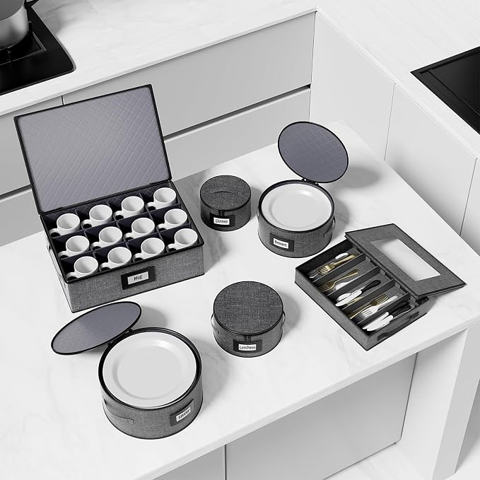 Aokeyee 6-Piece China Storage Containers Set, Hard Shell Moving Boxes for Dishes, Plates, Mugs & Flatware – Dinnerware Organizer with Soft Felt Dividers, Sturdy Handles & Zippers, Grey