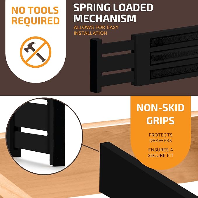 6-Pack Drawer Dividers 6 Inch High, 11”-17" Adjustable Bamboo Organizers Large Expandable Drawer Separators for Cloths, Dresser, Bedroom, Bathroom, Baby Drawer, Office & Kitchen Utensils (Black)