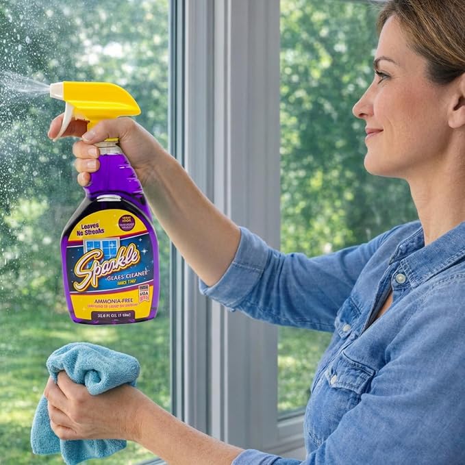 Sparkle Glass Cleaner, Ammonia-Free Streak-Free Formula, 33.8 fl oz Spray Bottle, Safe for Windows, Mirrors & Glass Surfaces (Pack of 4)
