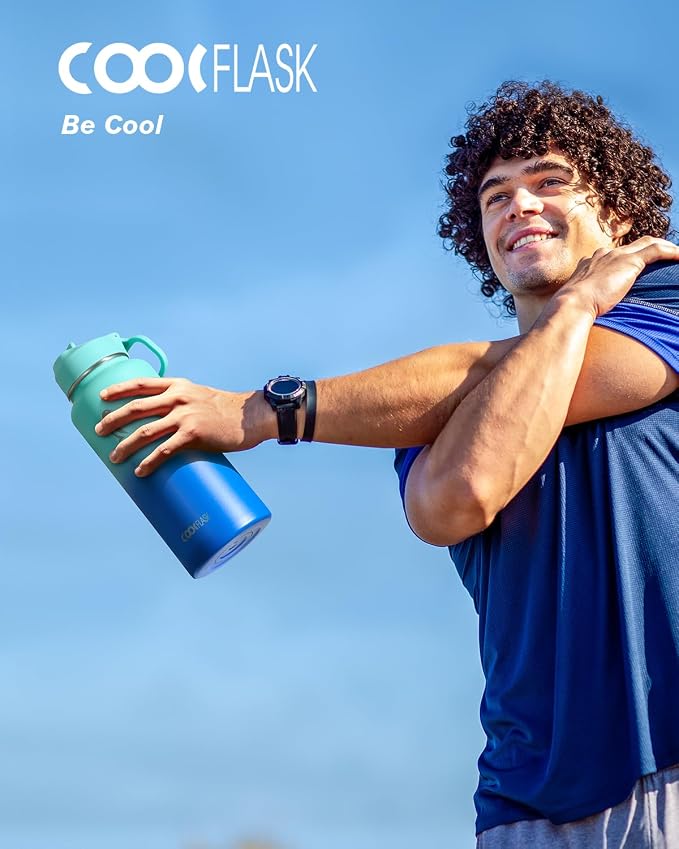 Coolflask Water Bottle 32 oz Insulated with Straw, Stainless Steel Metal 3 Lids Water Flask Wide Mouth for Sports or Office, Non-BPA Keep Cold Up to 48 Hrs or Hot Up to 24 Hrs, Pacific Prince
