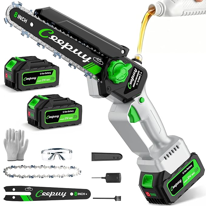 CEEPUY 8 Inch Brushless Mini Chainsaw with 2×4000mAh Batteries, Battery Powered Handheld Electric Chainsaw with Automatic Oiler/Safety Lock, Ideal for Tree Pruning, Branch Trimming & Wood Cutting