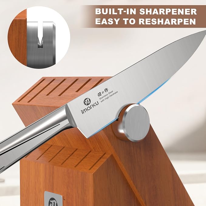 imarku High Carbon Stainless Steel Gyutou Knife Set with Block, Precision-Forged Razor Sharp 10–15° Edge, Ergonomic Non-Slip Handle, Built-in Sharpener, Brown, Best Gift Choice, Cooking Enthusiasts