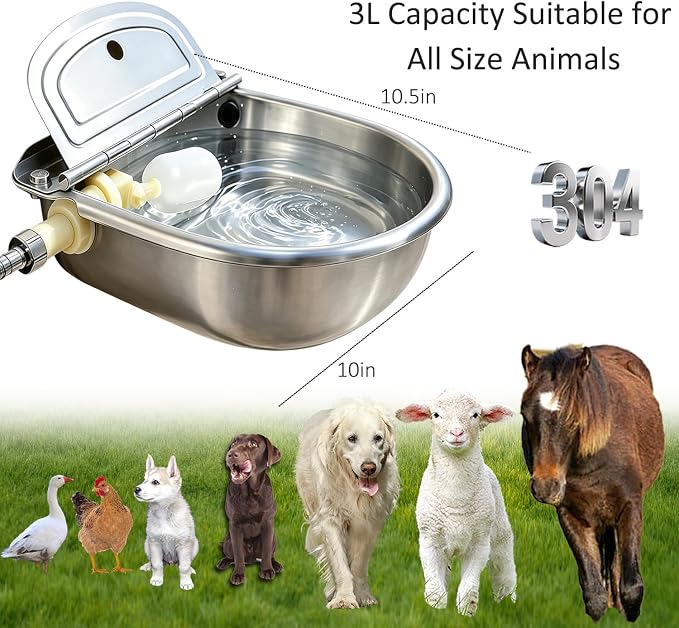 Automatic Water Dispenser for Dog Water Bowl Dispenser Large Size Stainless-Steel Waterer Feeder Self Filling Water Trough for Poultry and Livestock (Metallic Gray, Large)