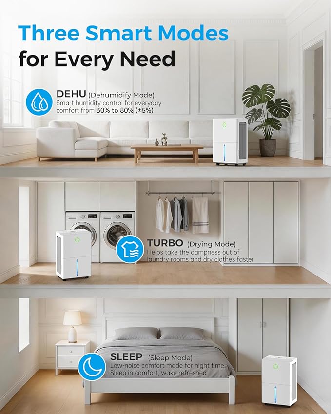 Dehumidifier for Basement with Drain Hose, 30 Pint Dehumidifiers for Home up to 2000 sq ft, Dehumidifier for Bathroom with Auto Humidity Control, Dehumidifiers for Bedroom, 24H Timer, White