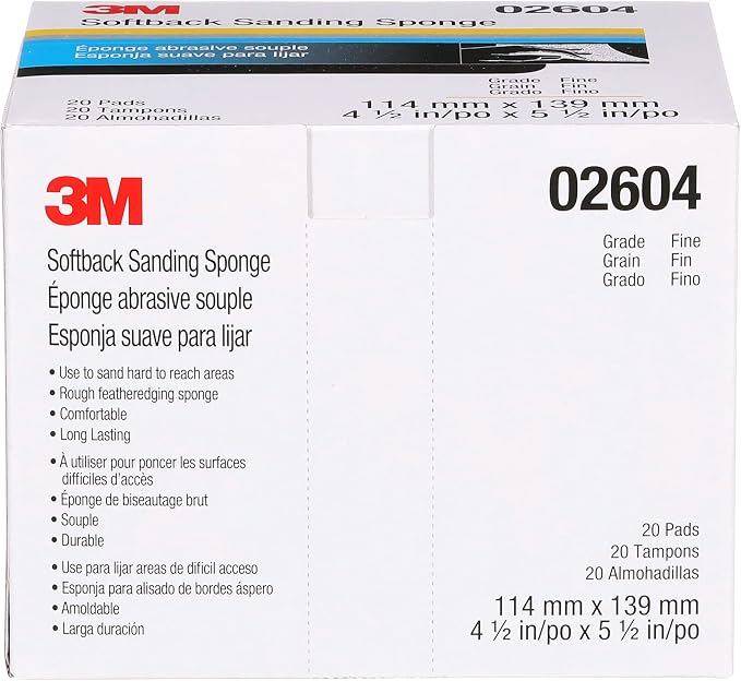 3M Softback Sanding Sponge, 02604, 4 1/2 in x 5 1/2 in (115mm x 140mm), Fine, 20 sponges per pack