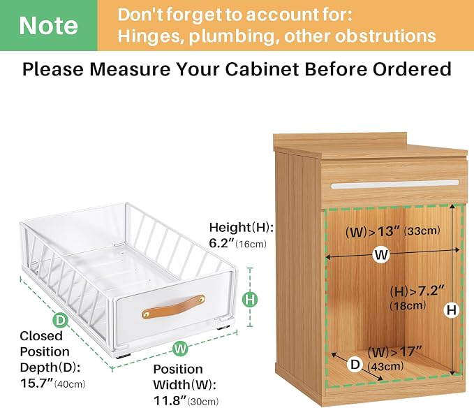 4Pack Pull out Cabinet Organizer,Heavy Duty Slide out Pantry Shelves Drawer Storage with Adhesive Nano Film,Sliding Mesh Basket with Handle for Kitchen, Bathroom, Home, 11.8W" X 15.7"D X 6.2"H,White