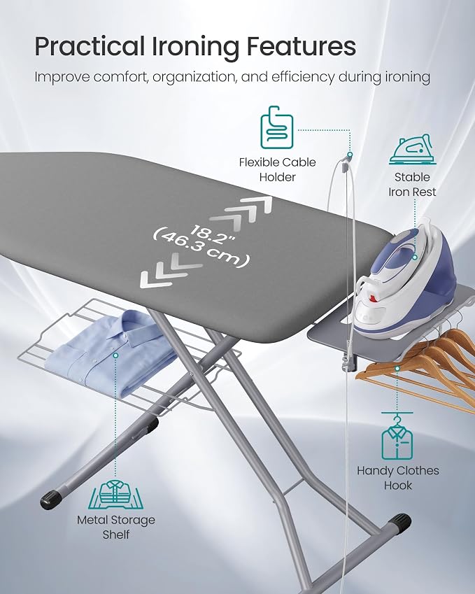 SONGMICS Folding Ironing Board Extra Wide, 18x49, 7-Level Adjustable Height Iron Board with Iron Rest, Cord Holder, Storage Rack, Steel, for Laundry Room, Gray, Borix Collection ULLB010GD01S