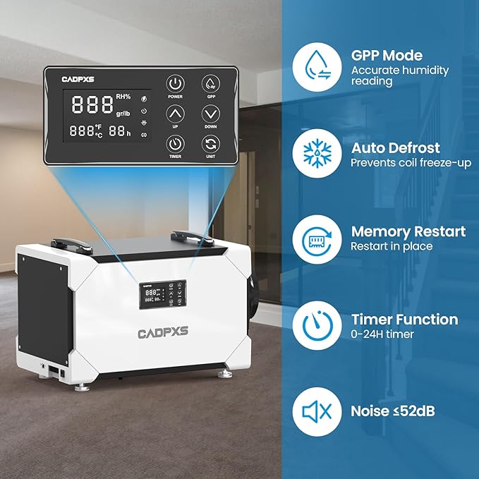 CADPXS Crawlspace Dehumidifier, 145 Pints Commercial Dehumidifier with Drain Hose for Crawl Spaces, Basements, Industrial and Water Damage, Large Capacity, Memory Restart, 5 Years Limited Warranty