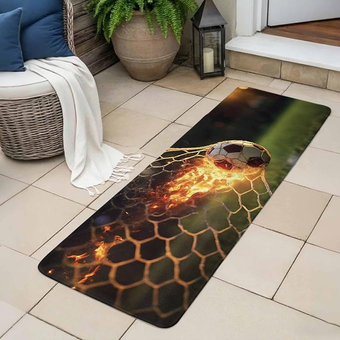 Flaming Soccer Bathroom Runner Rugs Non Slip Washable Absorbent Narrow Long Bath Mat Goal Net Powerful Fire Orange Grass Green Runner Rugs for Kitchen Hallway Bedroom Laundry Study Room 31.5"x63"