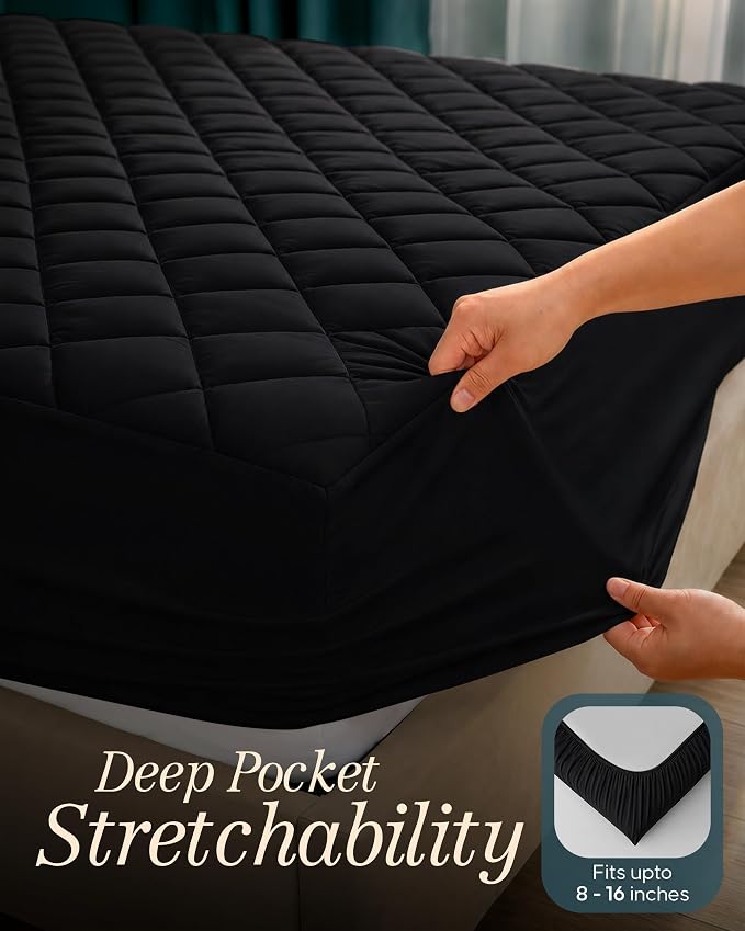 Quilted Fitted Mattress Pad, Queen Mattress Protector Topper with Deep Pocket Stretches up to 16 Inches, Machine Washable Mattress Cover by Utopia Bedding (Black)