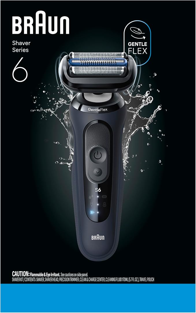 Braun Series 6 Electric Shaver for Men, Wet & Dry Foil Razor, 4-in-1 SmartCare Clean & Charge Center, Precision Trimmer Attachment, Replacement Shaver Head, Travel Case, Dark Blue 6177ps