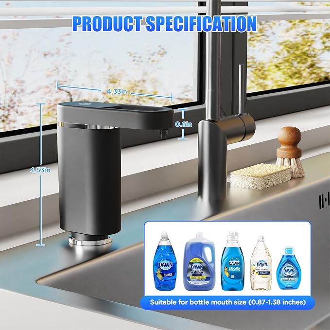 Automatic Dish Soap Dispenser for Kitchen Sink, Touch-Free Electric Sink Soap Pump, Plug-in Powered, Leak-Proof Universal Fit, 35" No-Spill Tube Kit, Easy Install & Sleek Design for Kitchen Bathroom