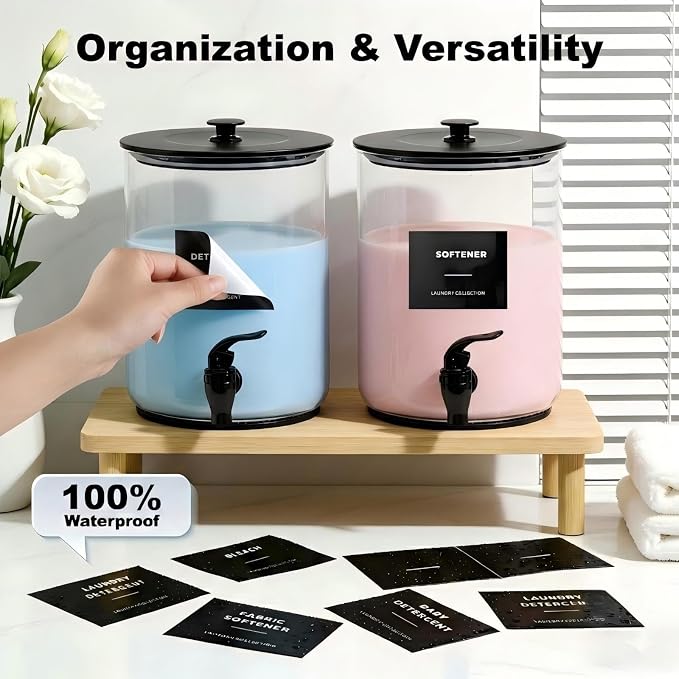Glass Laundry Detergent Dispenser,1 Gallon Large Liquid Soap,2 Pack(Black) | Complete borosilicate jars set with leakproof spigots, protective silicone mats, minimalist labels, and dosing cups.