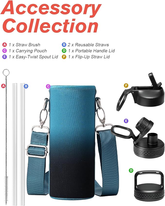 Coolflask Water Bottle 20 oz Insulated with Straw, Stainless Steel Metal 3 Lids Water Flask Wide Mouth for Sports or Office, Non-BPA Keep Cold Up to 48 Hrs or Hot Up to 24 Hrs, Samurai Cyan