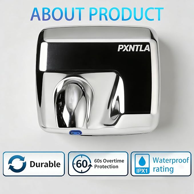 Stainless Steel Hand Dryer, 16 Seconds Fast Dry Hands, 100-130V, 180° Rotatable Air Nozzle, Hand Dryer for Home Bathroom, IPX1 Waterproof & 60s Overheat Protection