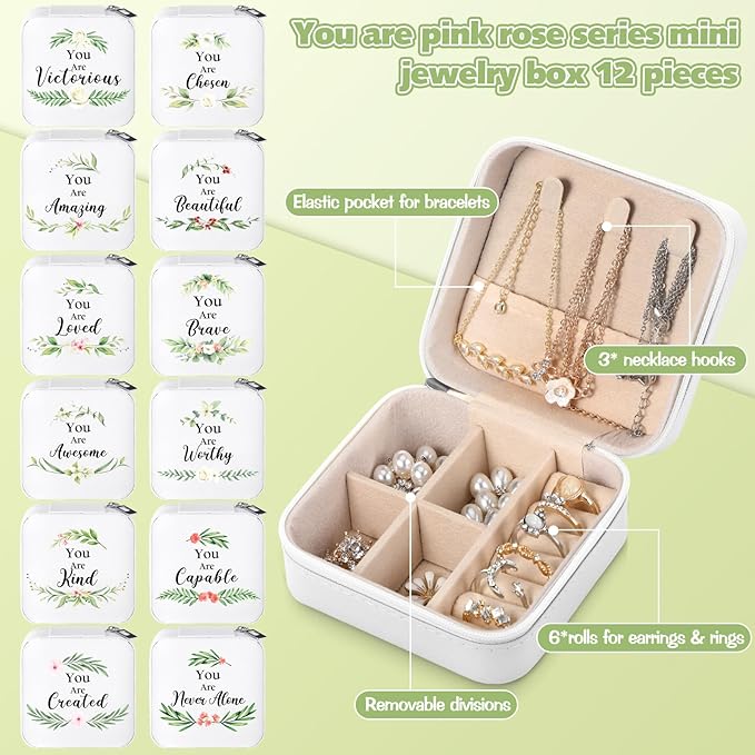 Kacctyen 12 Pieces Mini Travel Jewelry Case Bulk You Are Amazing Loved Mother's Day Church Gifts Green Leaf Gifts for Secretary Mothers Party Girls Leather Travel Jewelry Case