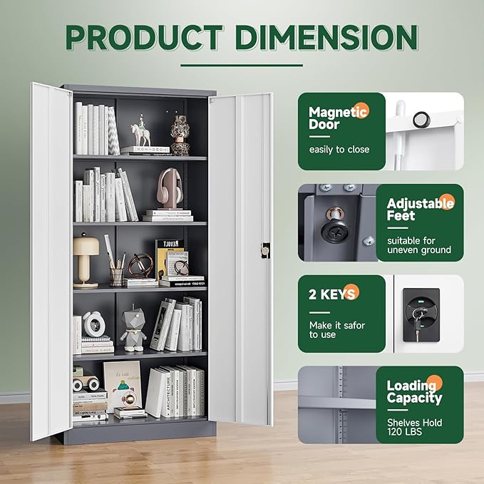 Metal Garage Storage Cabinets with Lock Door and Adjustable Shelves, Steel Tool Cabinets for Home,Office,Warehouse Organisieren (Gery White, 71" H)