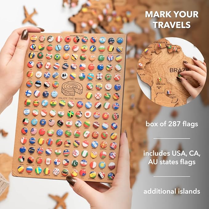 Enjoy The Wood 3D Wooden World Map Wall Art - Large Travel Map with Pins for Art Decor - Decorative Map of the World for Home, Office - Travel Wall Art Housewarming Gift Idea (Oak, 2XL, Unframed)
