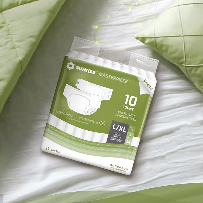 SUNKISS Masterpiece Adult Diapers with Tabs, Unisex Disposable Incontinence Briefs for Women and Men, Odor Control, White, Large/XLarge, Previously Large, 10 Count (Pack of 2)