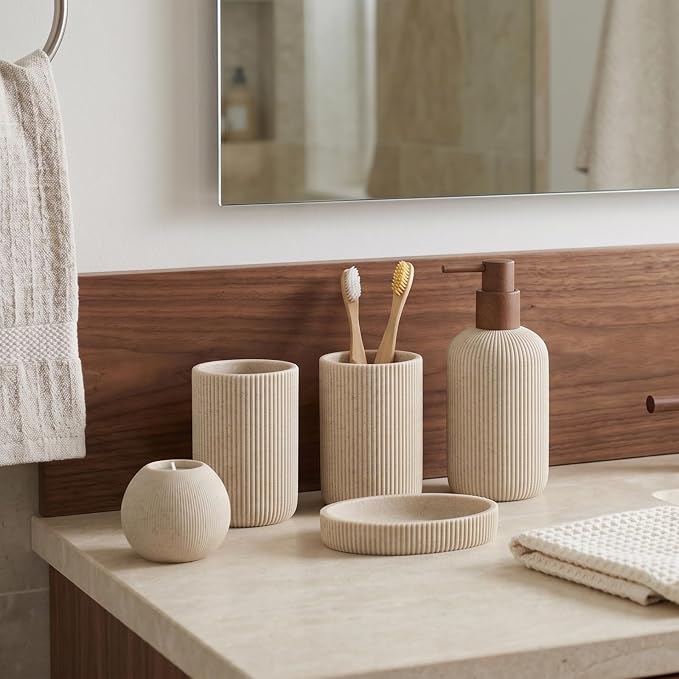 Bathroom Accessories Set, 5 PCS Modern Bath Organizer, Beige | Sandstone Look, Stripe,13.53 OZ Soap Dispenser,Toothbrush Holder,Tumbler,Soap Dish,Candle Holder for Countertop Kitchen Sink