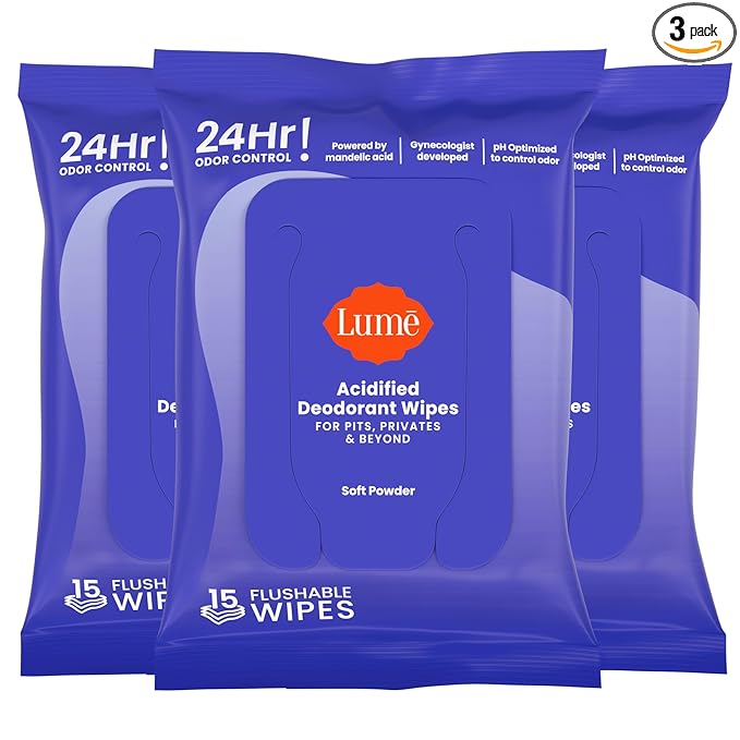 Lume Acidified Deodorant Wipes - 24 Hour Odor Control - Whole Body Deodorant Wipes - Aluminum Free, Baking Soda Free, Skin Loving - Flushable - 15 Count - 3 Pack (Soft Powder)