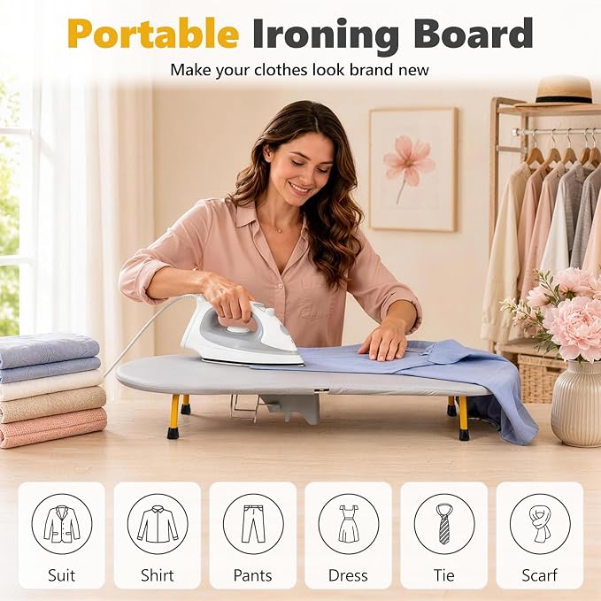 Foldable Tabletop Iron Board with Iron Holder for Home Travel, Gray | Portable Folding Ironing Board with Heat Resistant Cover & Non-Slip Feet, Small Ironing Board with Wall Mount, Space Saving