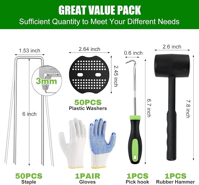 Landscape Fabric Staples with Rubber Hammer,6Inch 50pcs Galvanized Garden Pegs+ 50pcs Gaskets + Pick Hook + Gloves,Anti-Rust,U-Shaped Lawn Spikes,Yard Turf Pins for Weed Barrier,Ground Grass Cover